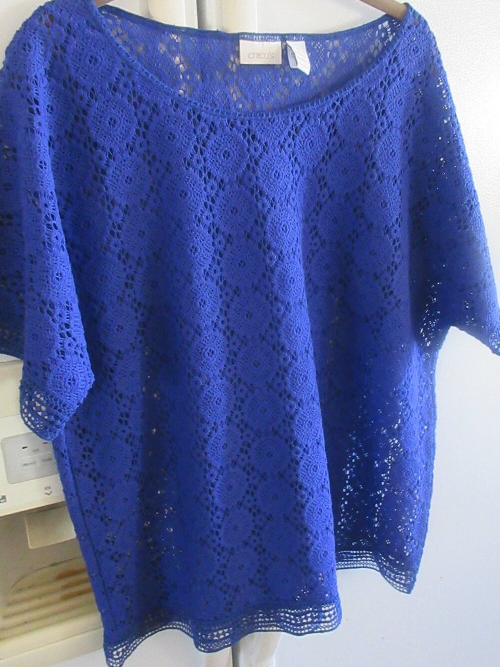 Chico's Crochet Lace Short Sleeve top pullover royal blue m l 2